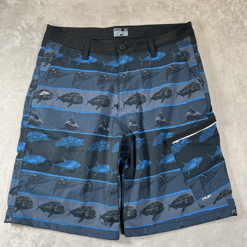 Huk Shorts Mens 34 Blue Cargo Performance Stretch Breathable 11" Inseam